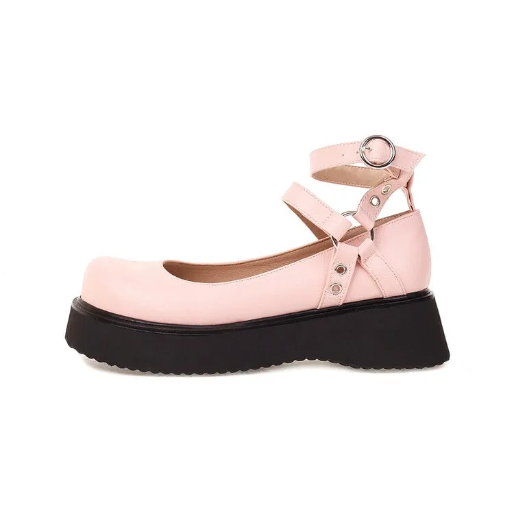 Women's Lolita Round Toe Double Ankle Strap Buckle Platform Flats Shoes