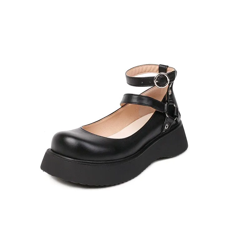 Women's Lolita Round Toe Double Ankle Strap Buckle Platform Flats Shoes