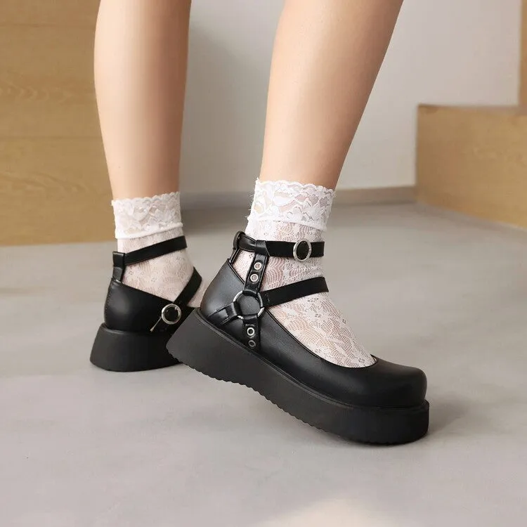 Women's Lolita Round Toe Double Ankle Strap Buckle Platform Flats Shoes