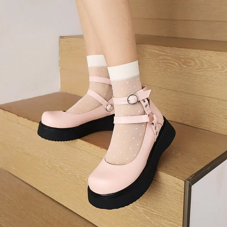 Women's Lolita Round Toe Double Ankle Strap Buckle Platform Flats Shoes