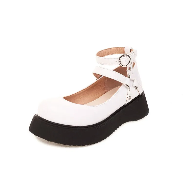 Women's Lolita Round Toe Double Ankle Strap Buckle Platform Flats Shoes