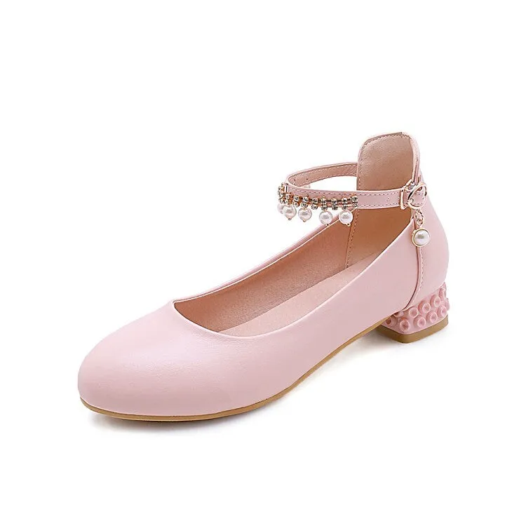 Women's Round Toe Shallow Pearls Ankle Strap Flat Pumps